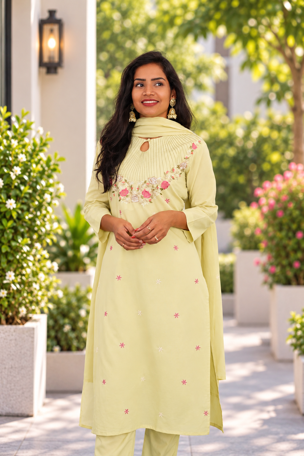 Pastel Lemon Yellow Mul Cotton 3-Piece Set with Elegant Embroidery & Complete Lining