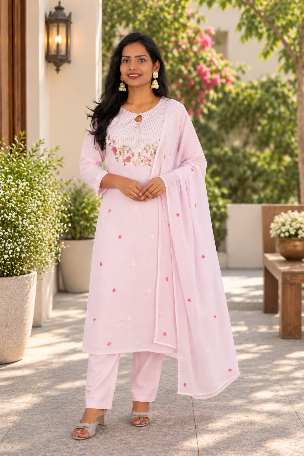 Pastel Blush Pink Mul Cotton 3-Piece Set with Floral Embroidery & Lining