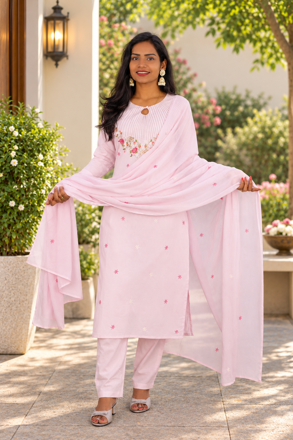 Pastel Blush Pink Mul Cotton 3-Piece Set with Floral Embroidery & Lining