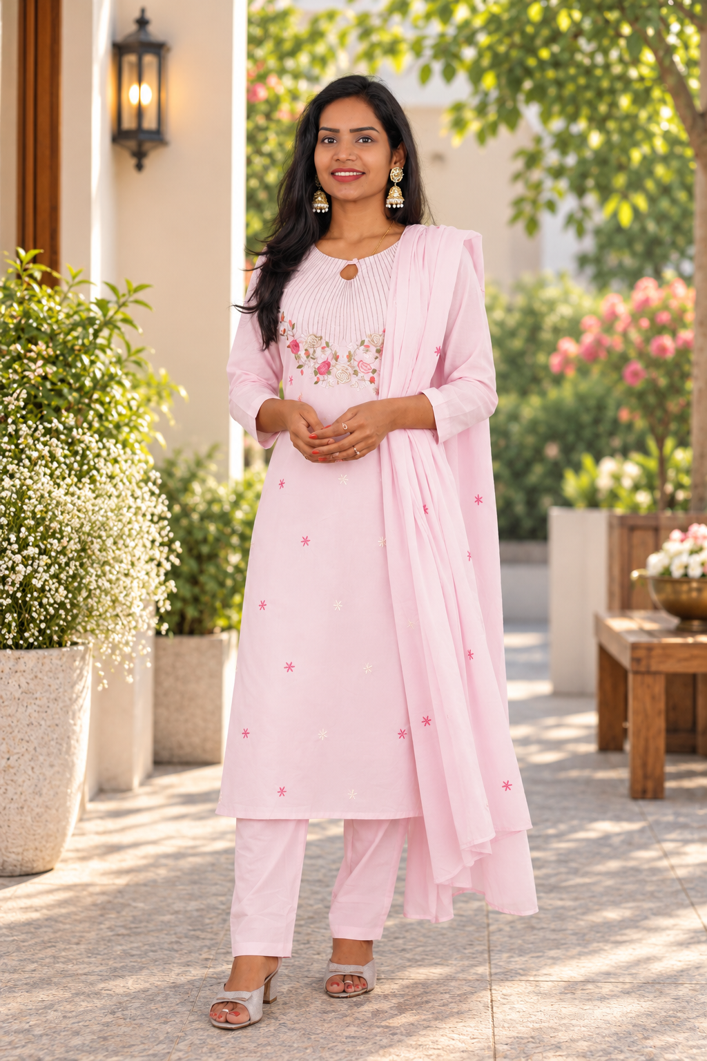 Pastel Blush Pink Mul Cotton 3-Piece Set with Floral Embroidery & Lining