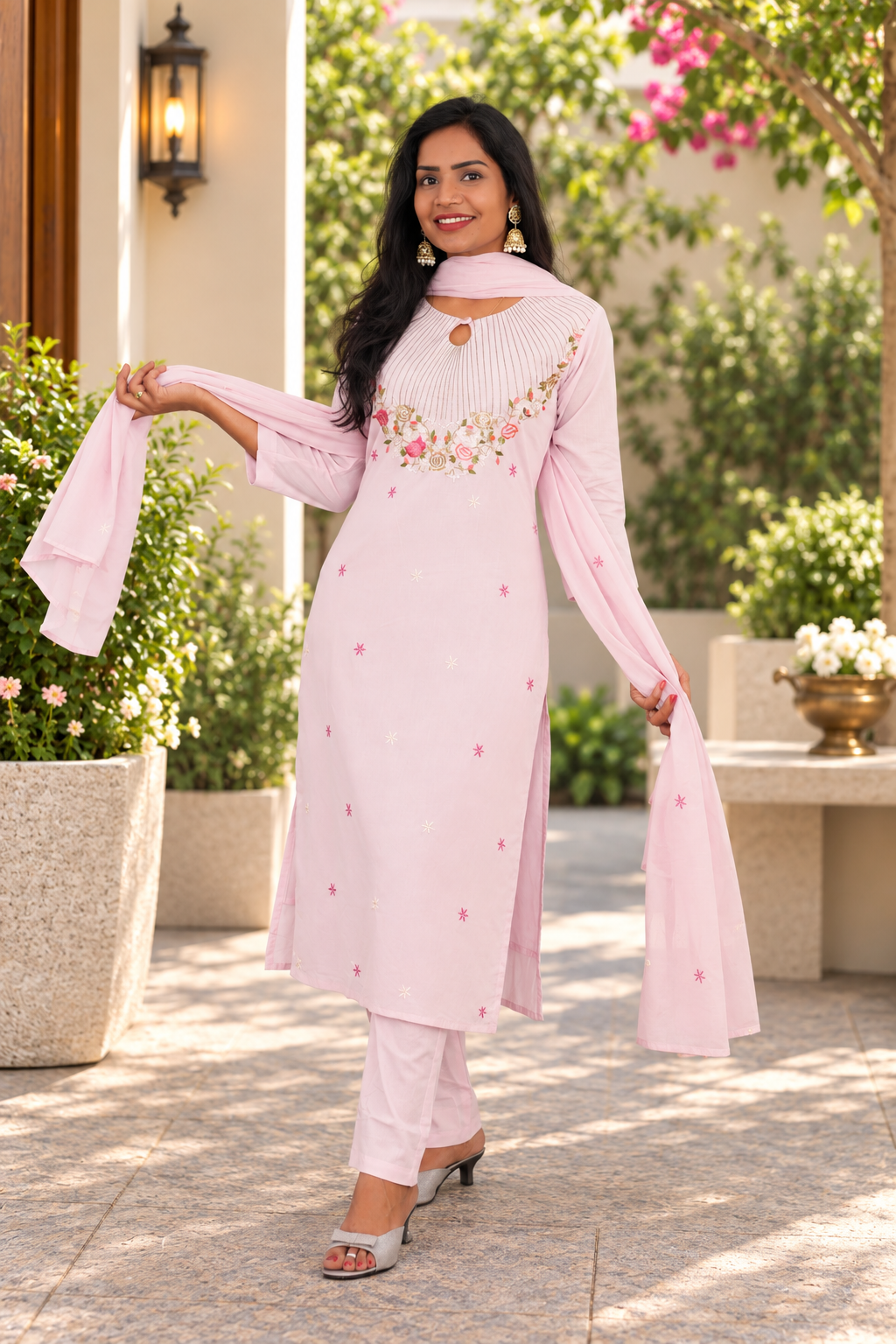 Pastel Blush Pink Mul Cotton 3-Piece Set with Floral Embroidery & Lining
