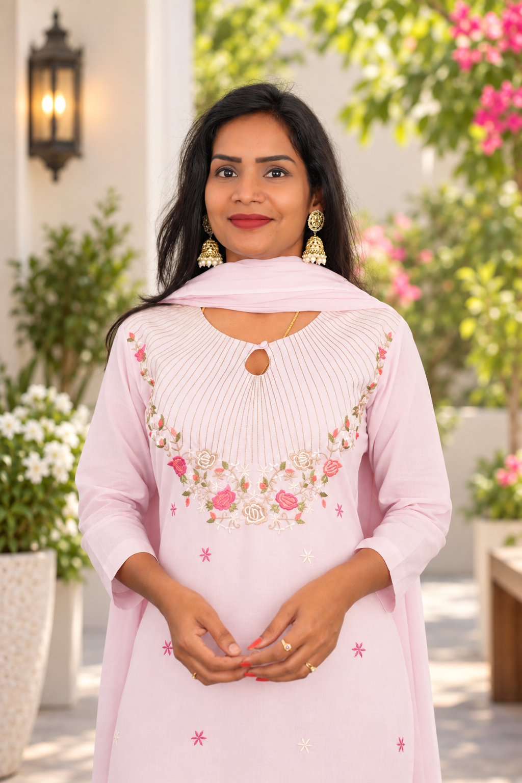 Pastel Blush Pink Mul Cotton 3-Piece Set with Floral Embroidery & Lining