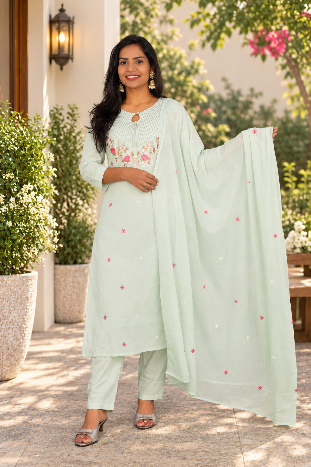 Pastel Mint Green Mul Cotton 3-Piece Set with Floral Embroidery & Lining