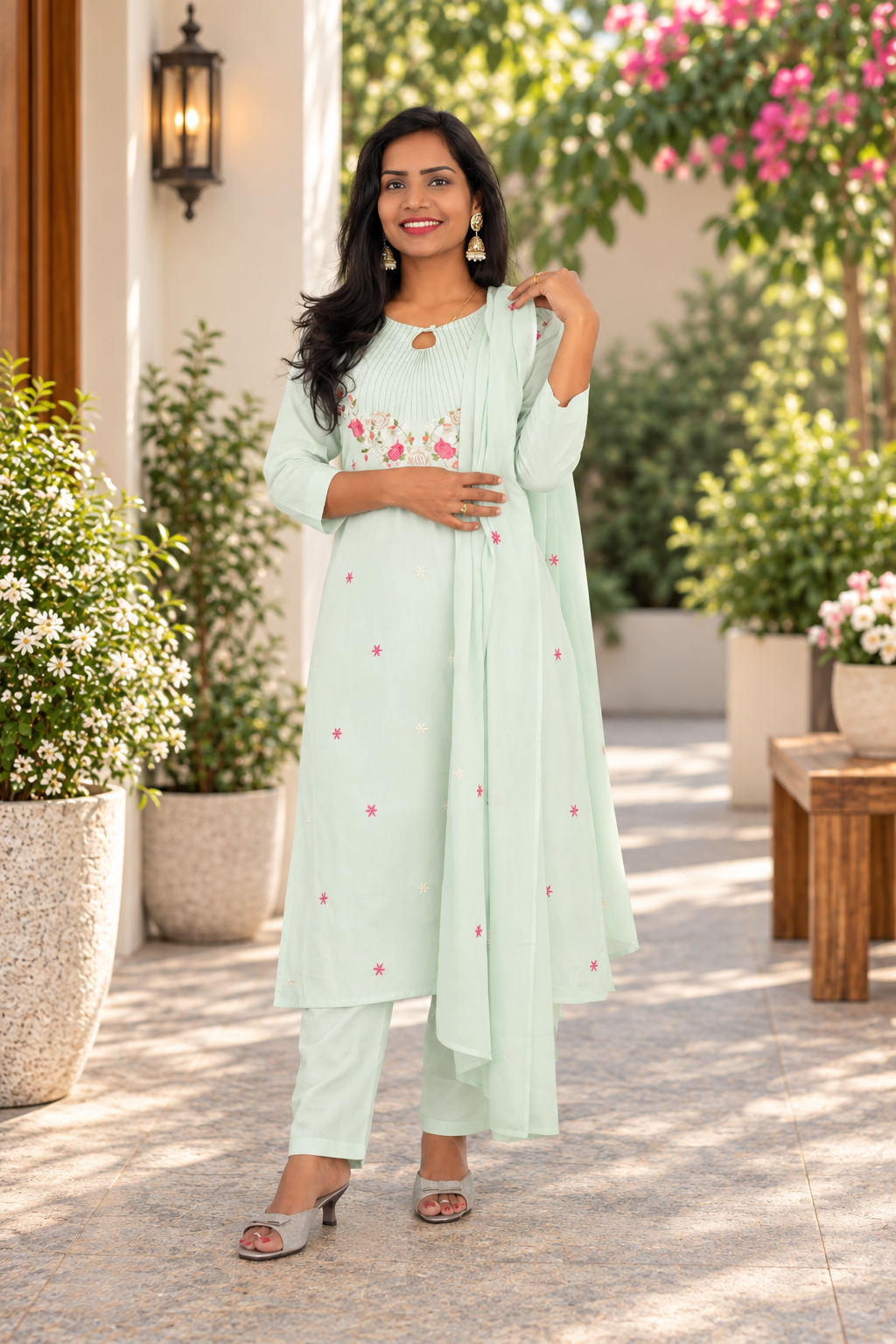 Pastel Mint Green Mul Cotton 3-Piece Set with Floral Embroidery & Lining