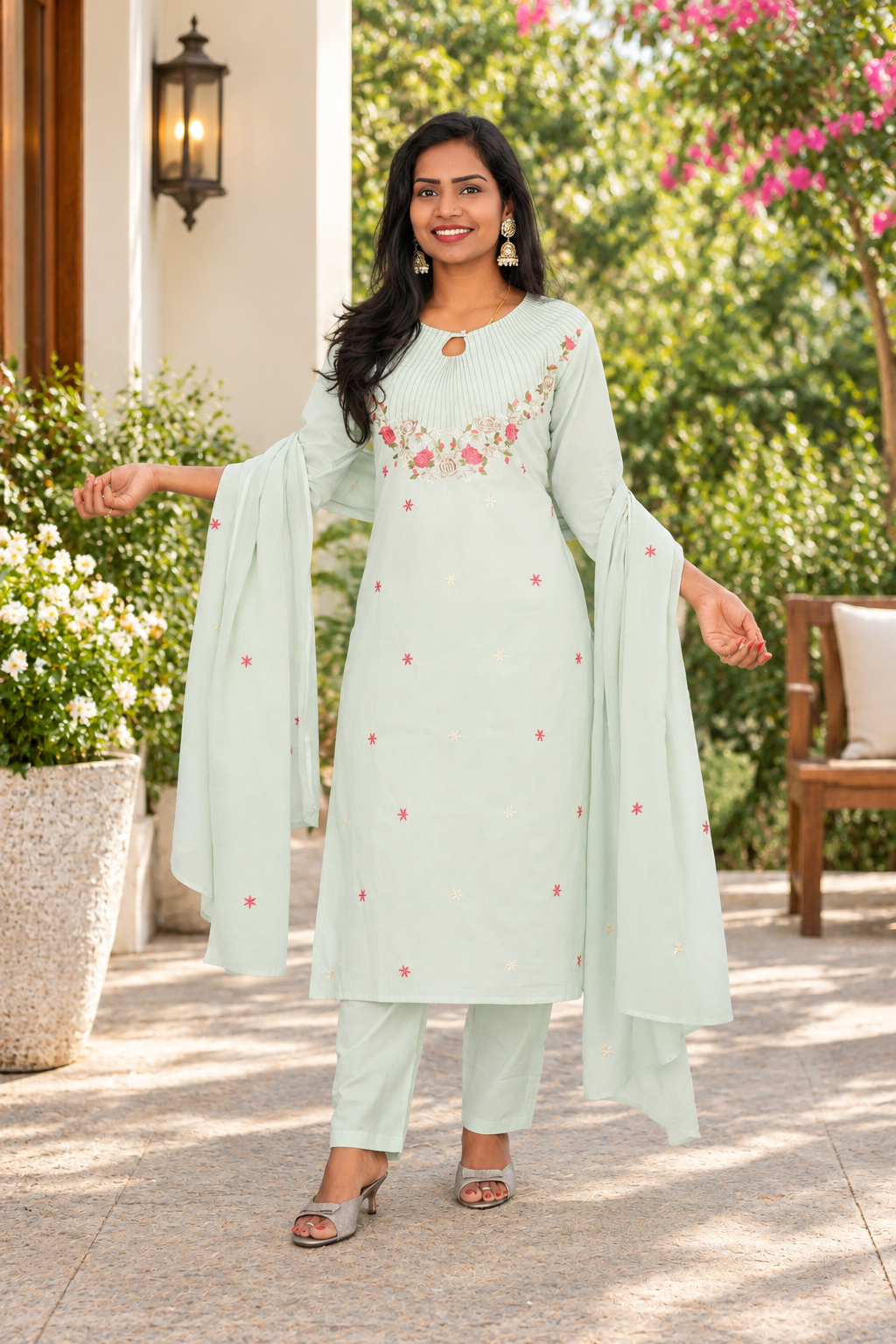 Pastel Mint Green Mul Cotton 3-Piece Set with Floral Embroidery & Lining