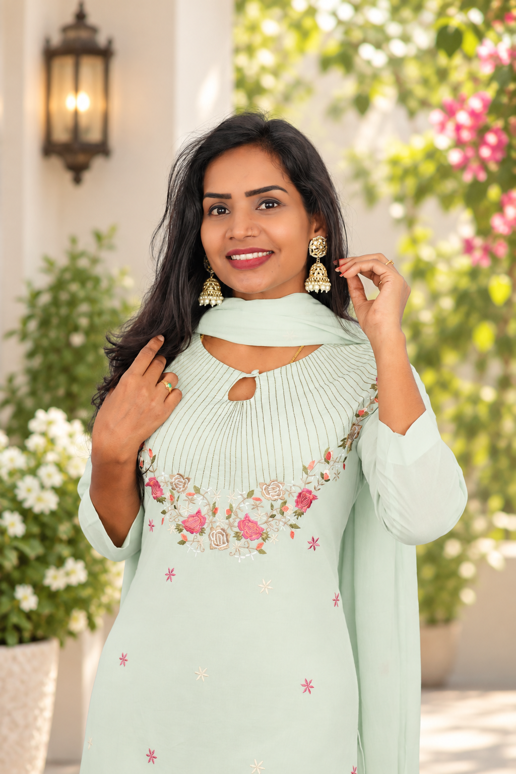 Pastel Mint Green Mul Cotton 3-Piece Set with Floral Embroidery & Lining