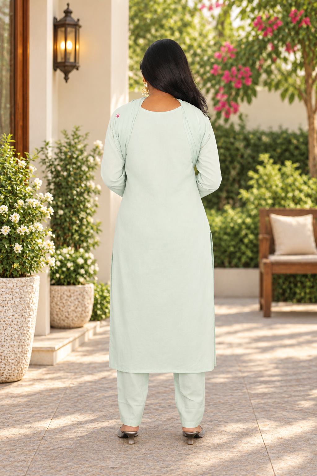 Pastel Mint Green Mul Cotton 3-Piece Set with Floral Embroidery & Lining