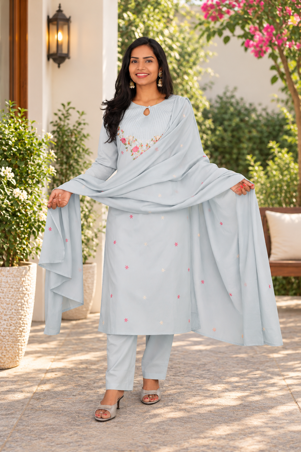 Pastel Powder Blue Mul Cotton 3-Piece Set with Floral Embroidery & Lining