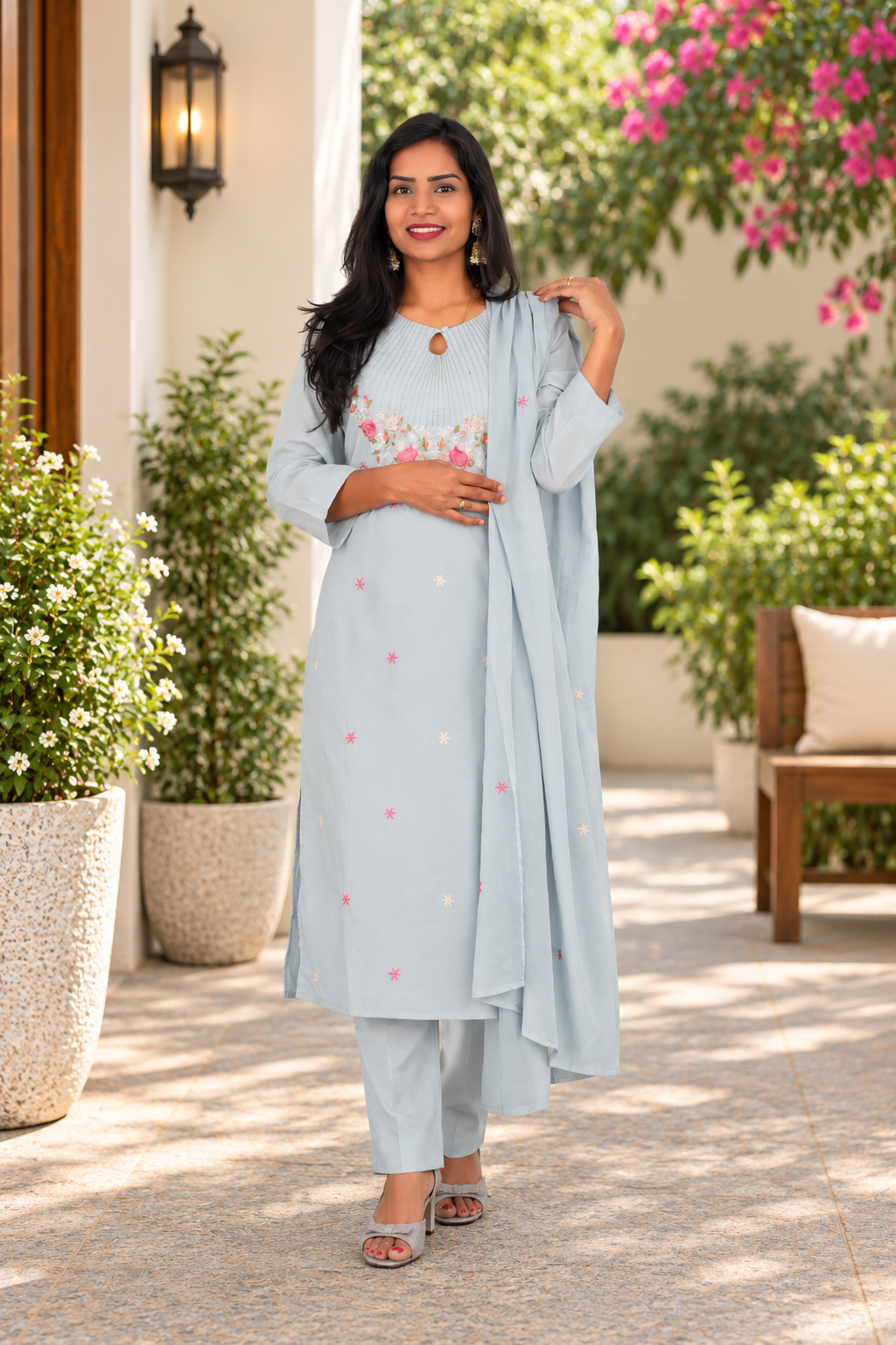Pastel Powder Blue Mul Cotton 3-Piece Set with Floral Embroidery & Lining