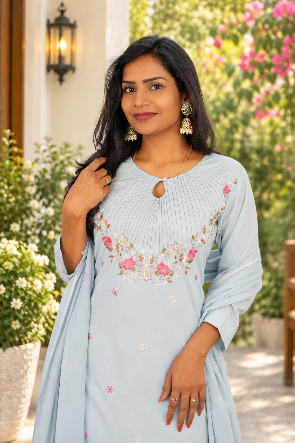 Pastel Powder Blue Mul Cotton 3-Piece Set with Floral Embroidery & Lining
