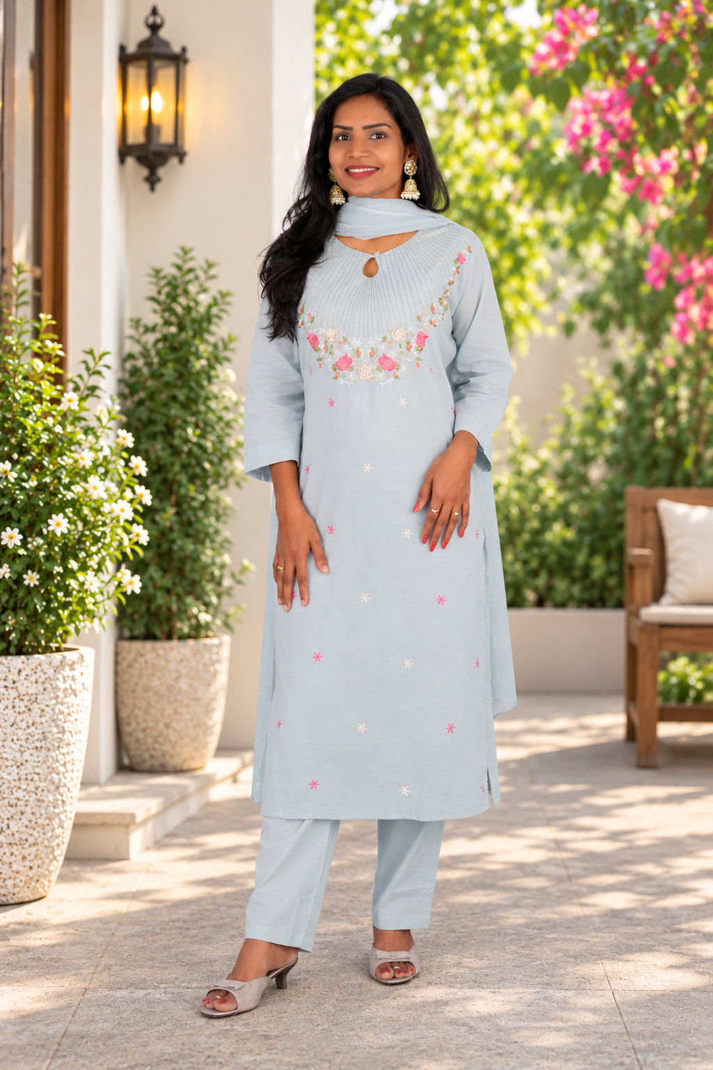 Pastel Powder Blue Mul Cotton 3-Piece Set with Floral Embroidery & Lining