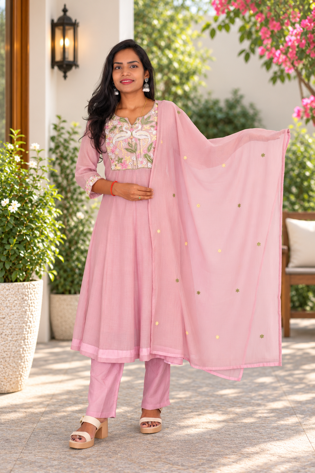 Pastel Blush Pink Mul Chanderi Festive Wear 3-Piece Set with Elegant Embroidery & Lining