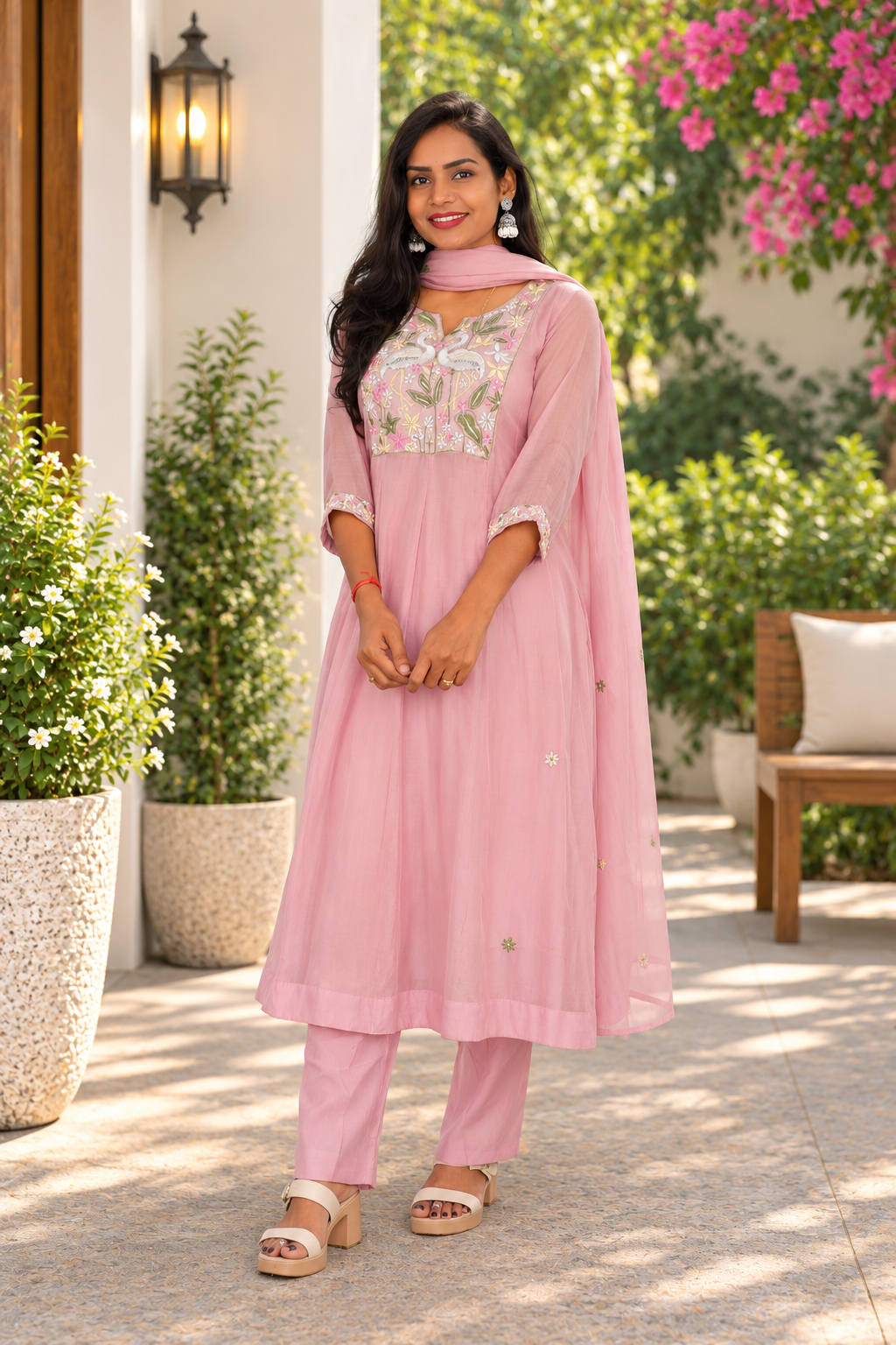 Pastel Blush Pink Mul Chanderi Festive Wear 3-Piece Set with Elegant Embroidery & Lining