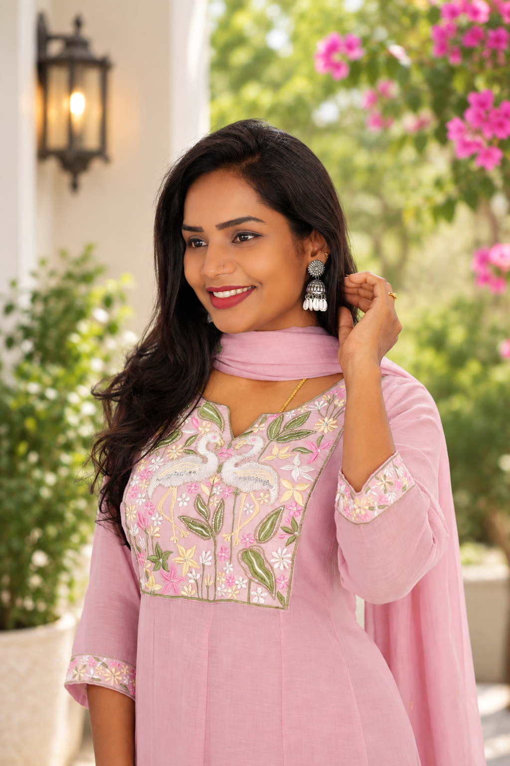 Pastel Blush Pink Mul Chanderi Festive Wear 3-Piece Set with Elegant Embroidery & Lining