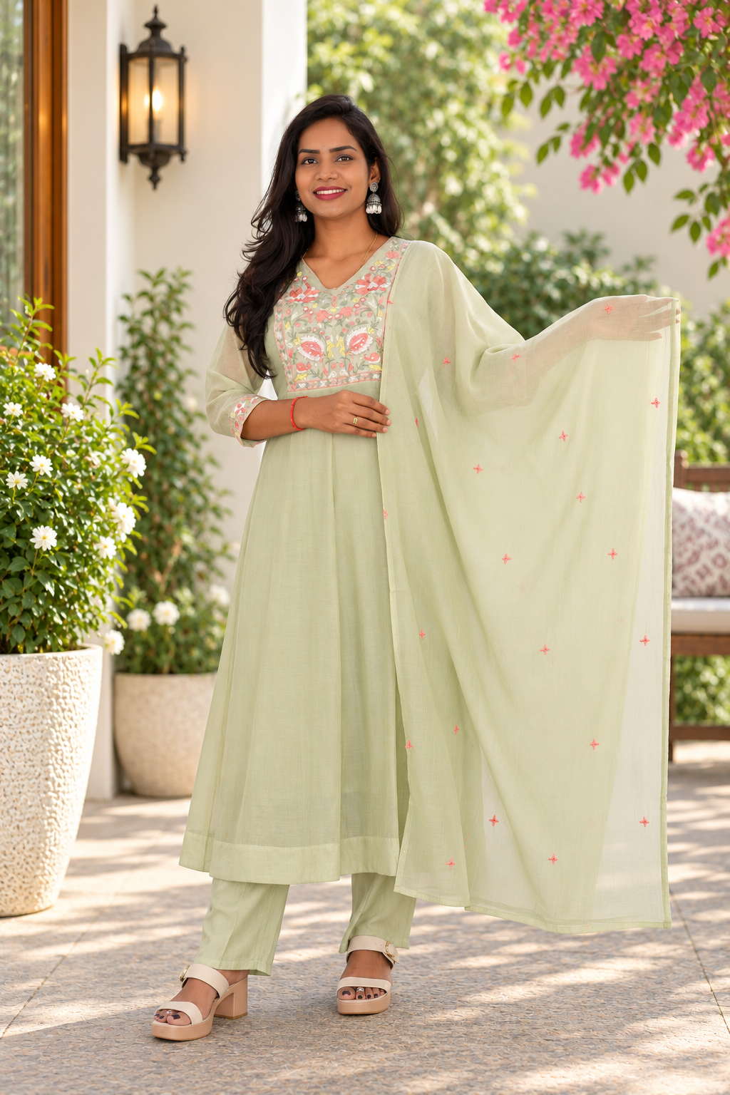 Pastel Sage Green Mul Chanderi Festive Wear 3-Piece Set with Embroidery & Lining