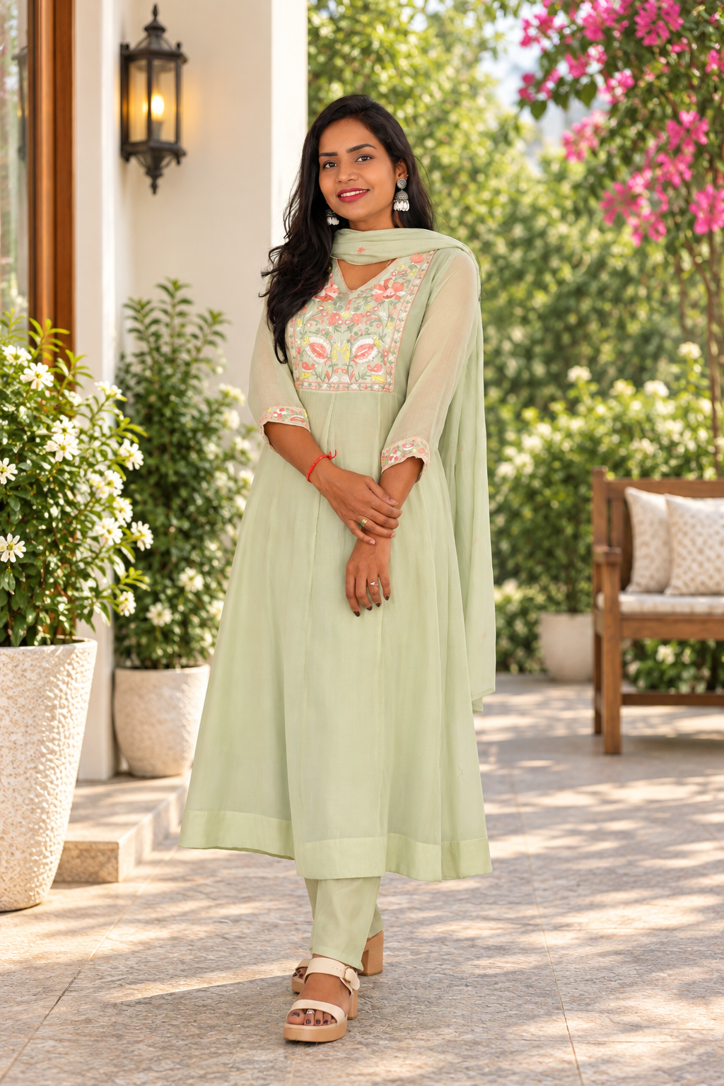 Pastel Sage Green Mul Chanderi Festive Wear 3-Piece Set with Embroidery & Lining