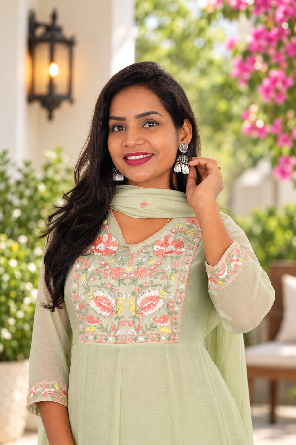 Pastel Sage Green Mul Chanderi Festive Wear 3-Piece Set with Embroidery & Lining