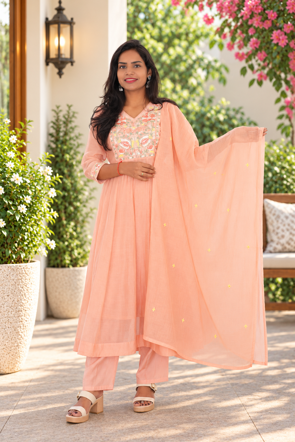 Pastel Peach Mul Chanderi Festive Wear 3-Piece Set with Embroidery & Lining
