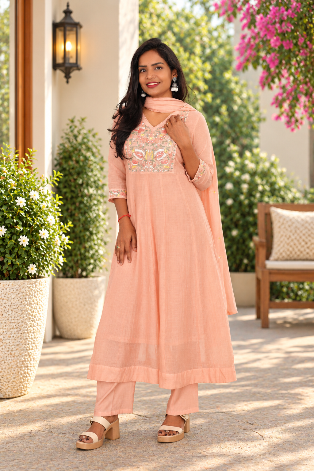 Pastel Peach Mul Chanderi Festive Wear 3-Piece Set with Embroidery & Lining