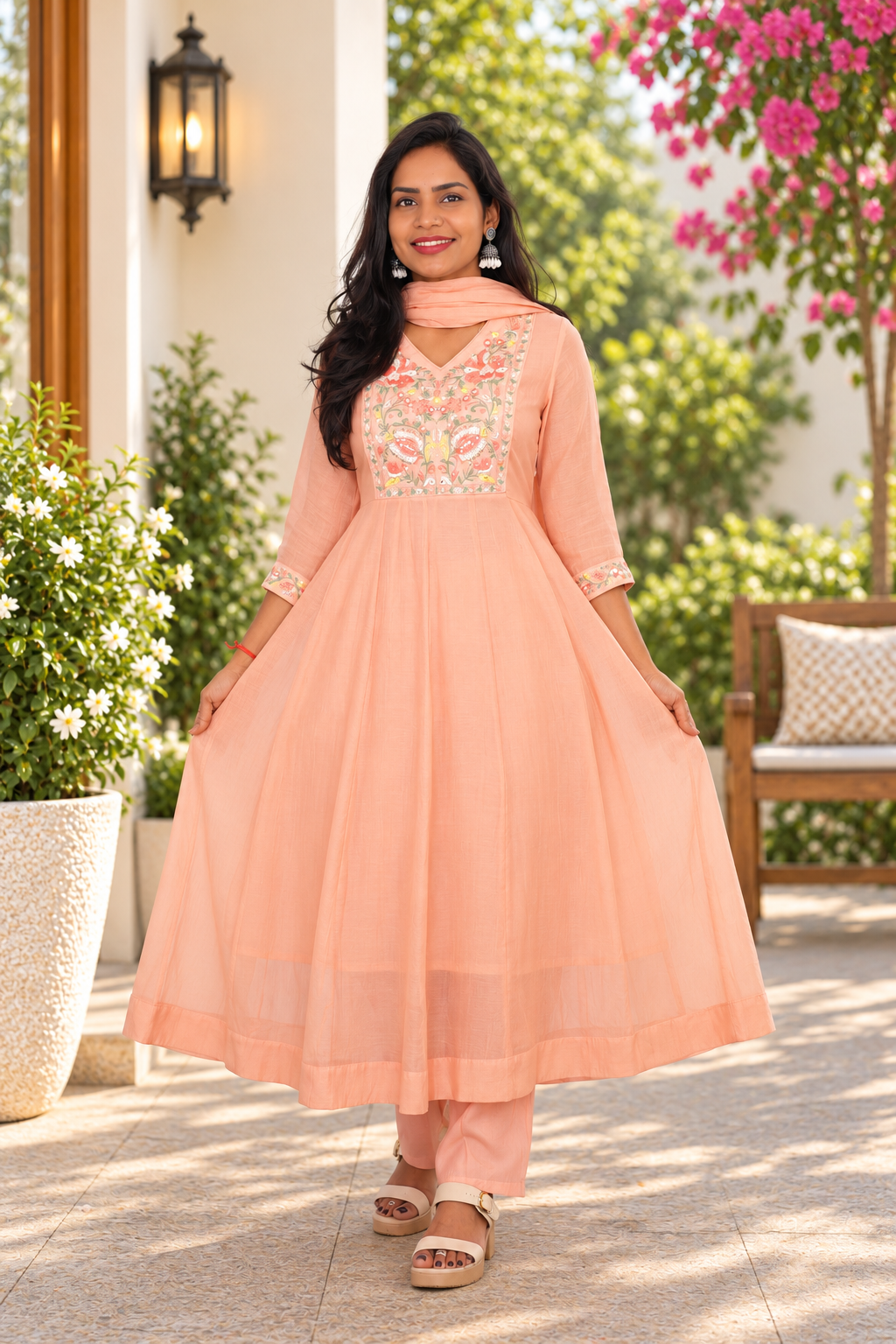 Pastel Peach Mul Chanderi Festive Wear 3-Piece Set with Embroidery & Lining