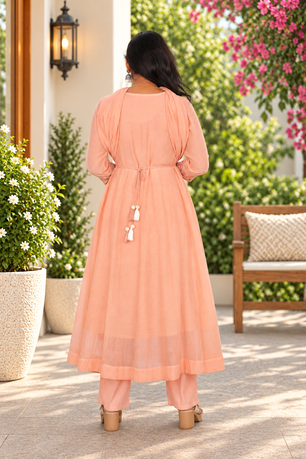 Pastel Peach Mul Chanderi Festive Wear 3-Piece Set with Embroidery & Lining