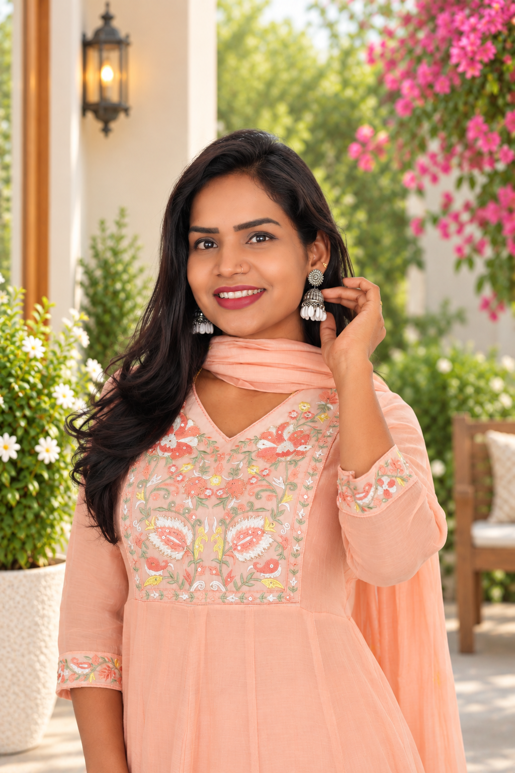 Pastel Peach Mul Chanderi Festive Wear 3-Piece Set with Embroidery & Lining