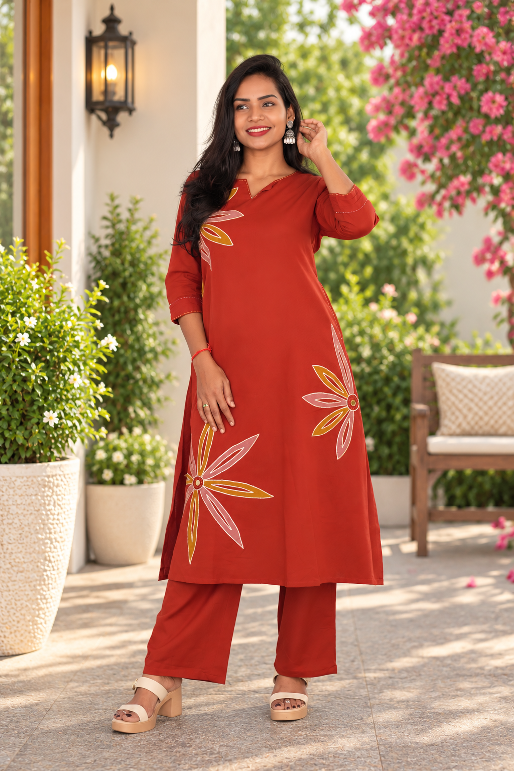 Rust Orange Jaipur Cotton Cord Set with Elegant Applique Work