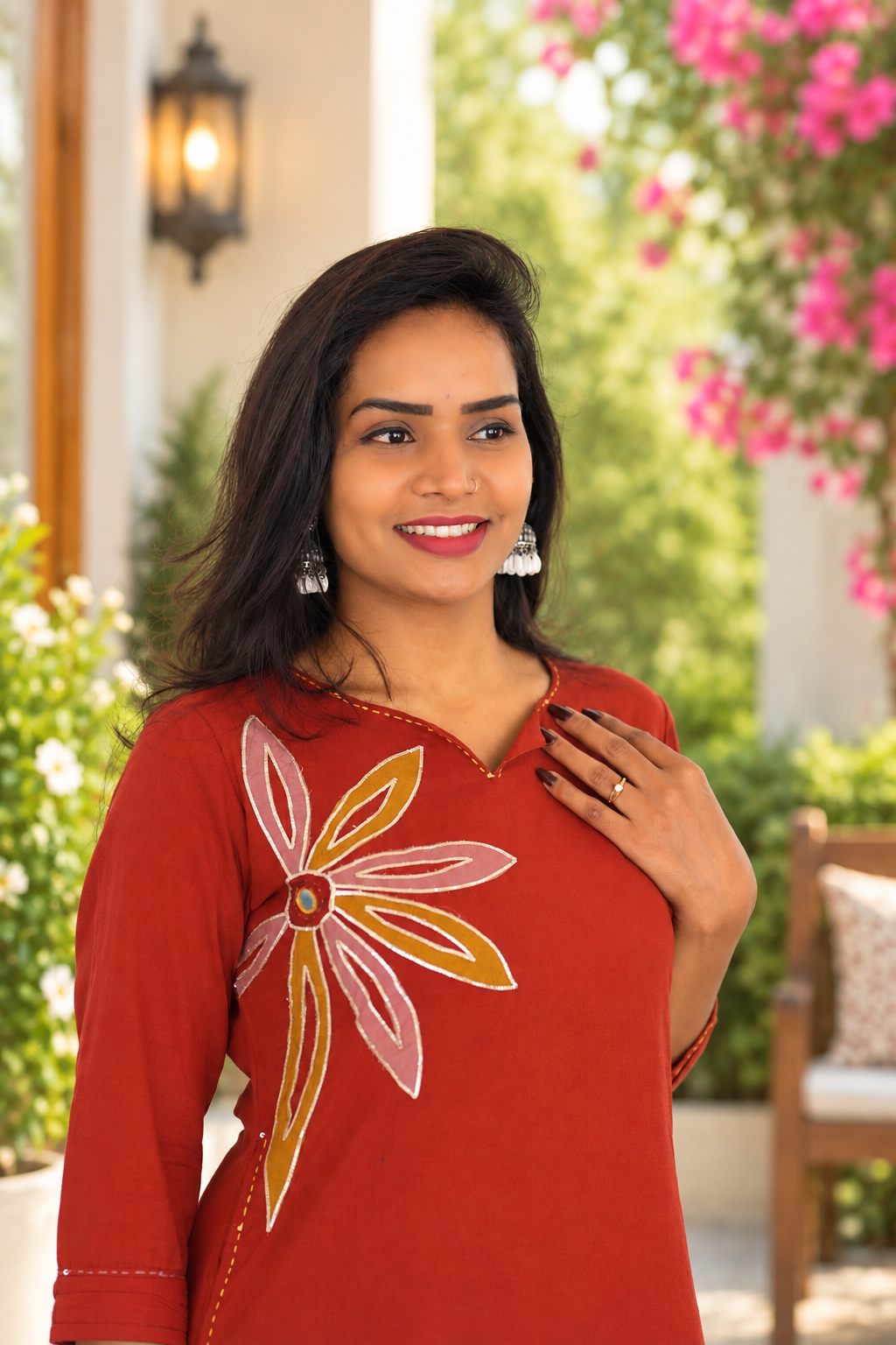 Rust Orange Jaipur Cotton Cord Set with Elegant Applique Work