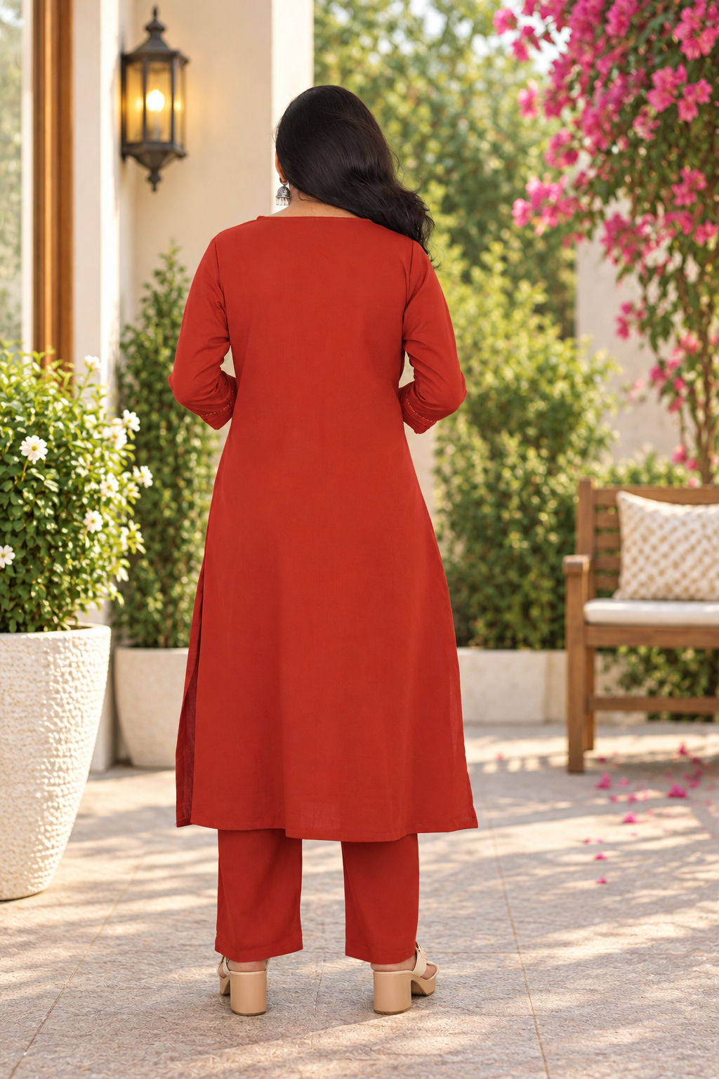Rust Orange Jaipur Cotton Cord Set with Elegant Applique Work