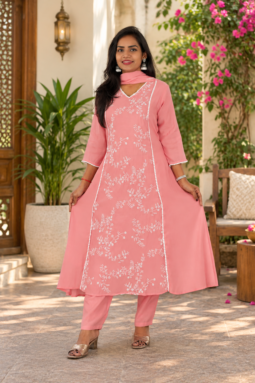 Dusty Rose Pink Mul Chanderi Embroidered 3-Piece Kurta Set with Lining