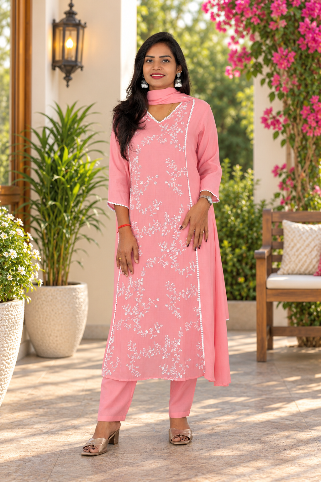 Dusty Rose Pink Mul Chanderi Embroidered 3-Piece Kurta Set with Lining