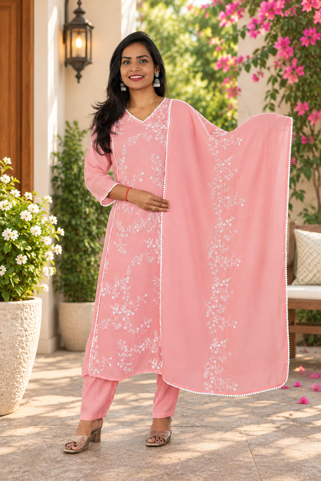 Dusty Rose Pink Mul Chanderi Embroidered 3-Piece Kurta Set with Lining