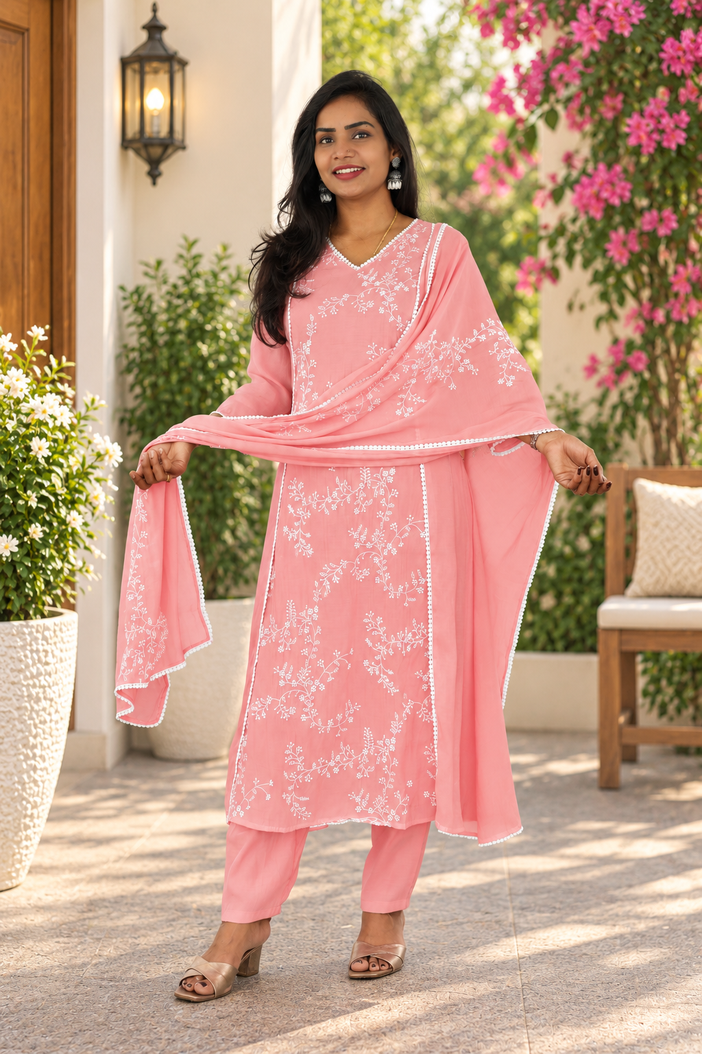 Dusty Rose Pink Mul Chanderi Embroidered 3-Piece Kurta Set with Lining