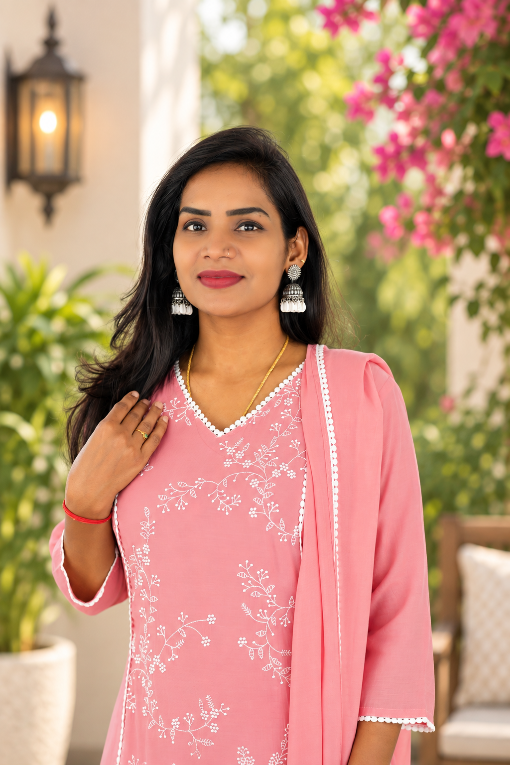 Dusty Rose Pink Mul Chanderi Embroidered 3-Piece Kurta Set with Lining