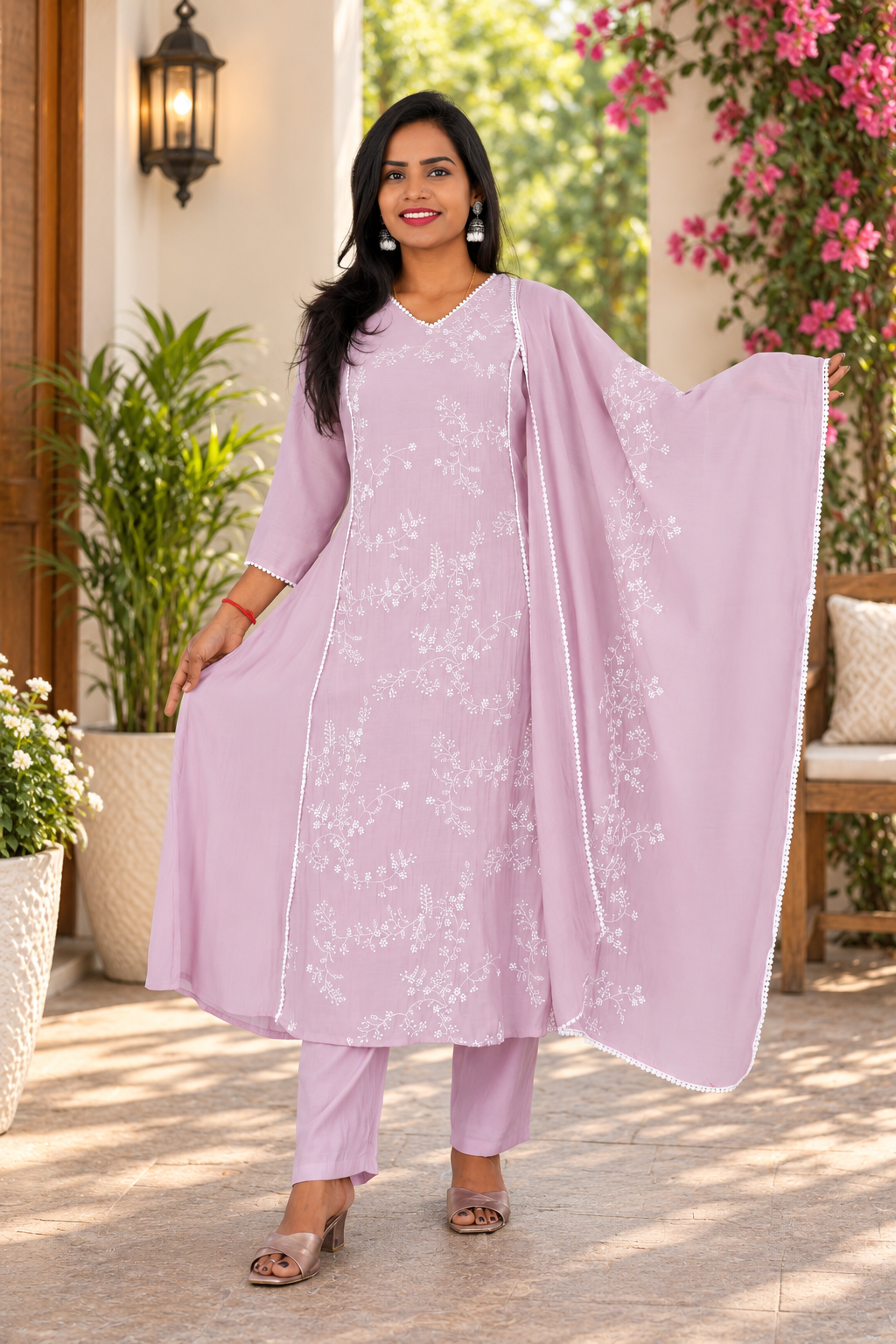 Pastel Lilac Mul Chanderi Embroidered 3-Piece Kurta Set with Lining