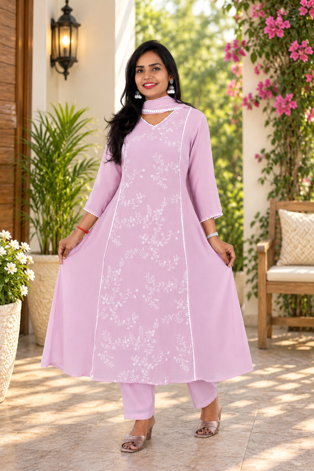 Pastel Lilac Mul Chanderi Embroidered 3-Piece Kurta Set with Lining
