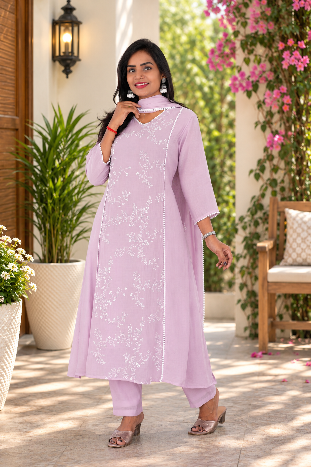 Pastel Lilac Mul Chanderi Embroidered 3-Piece Kurta Set with Lining