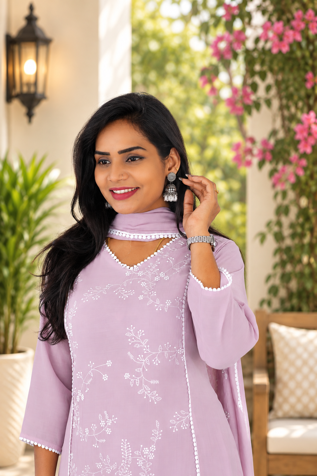 Pastel Lilac Mul Chanderi Embroidered 3-Piece Kurta Set with Lining