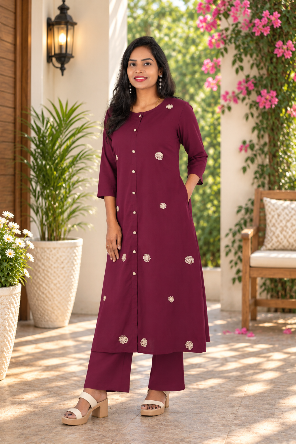 Wine Maroon Jaipur Cotton Embroidered Cord Set