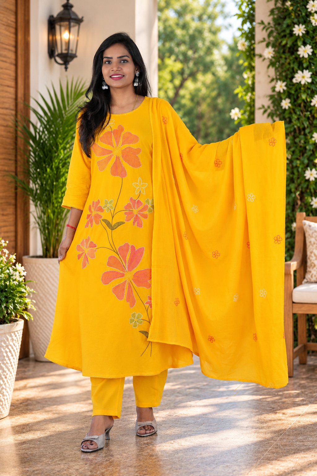 Mustard Yellow Mul Cotton Floral Embroidered 3-Piece Kurta Set with Lining