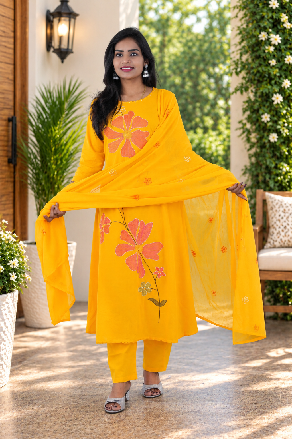 Mustard Yellow Mul Cotton Floral Embroidered 3-Piece Kurta Set with Lining