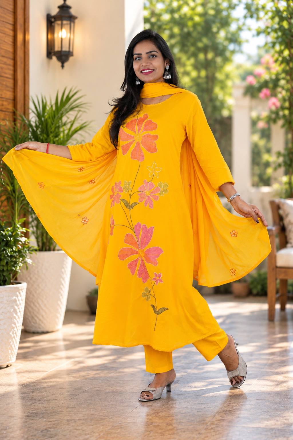 Mustard Yellow Mul Cotton Floral Embroidered 3-Piece Kurta Set with Lining