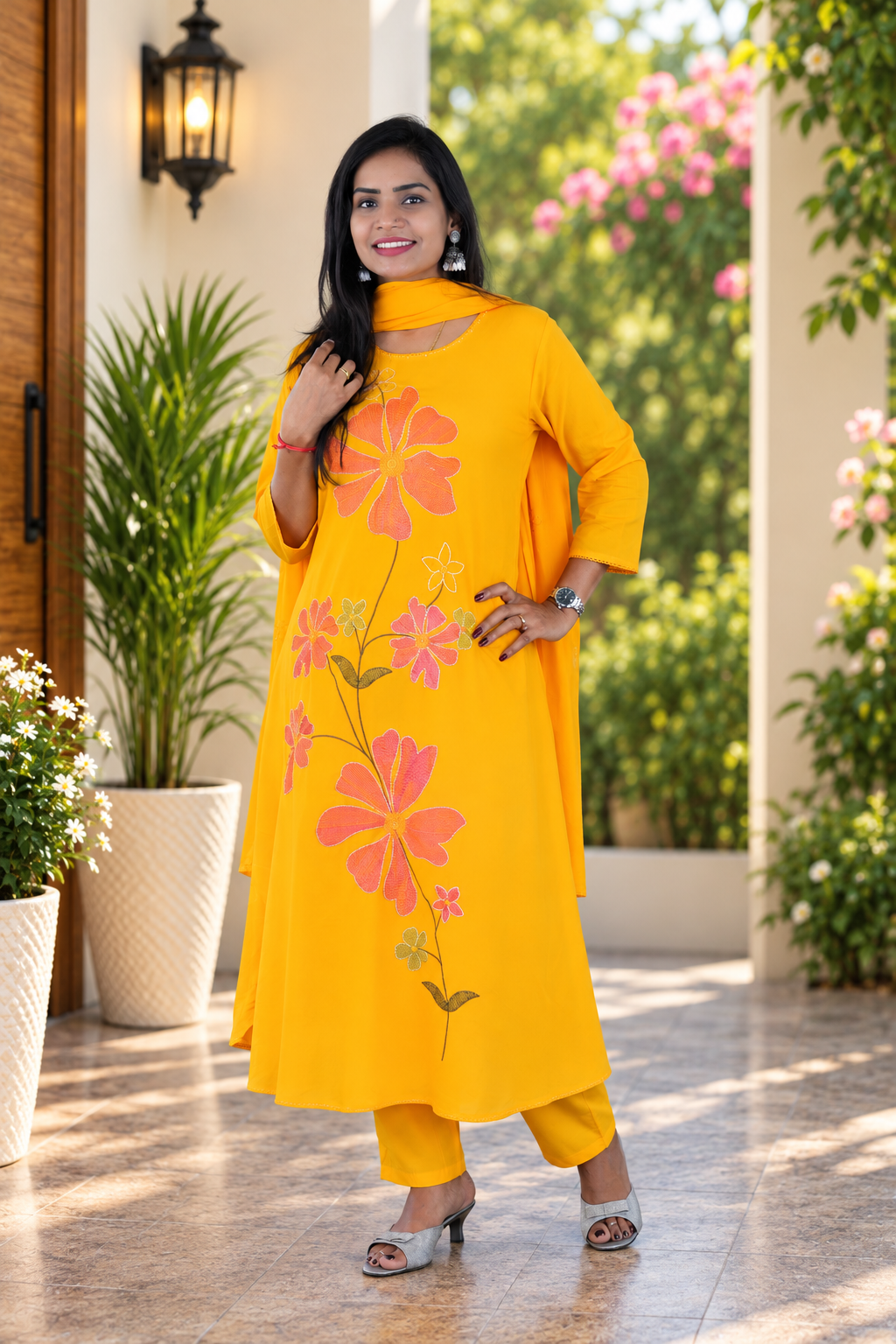 Mustard Yellow Mul Cotton Floral Embroidered 3-Piece Kurta Set with Lining