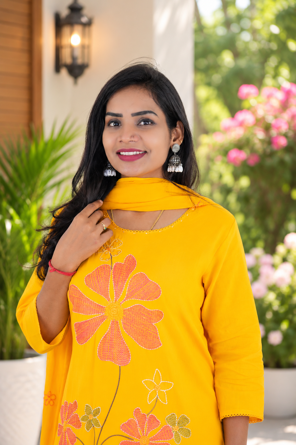 Mustard Yellow Mul Cotton Floral Embroidered 3-Piece Kurta Set with Lining
