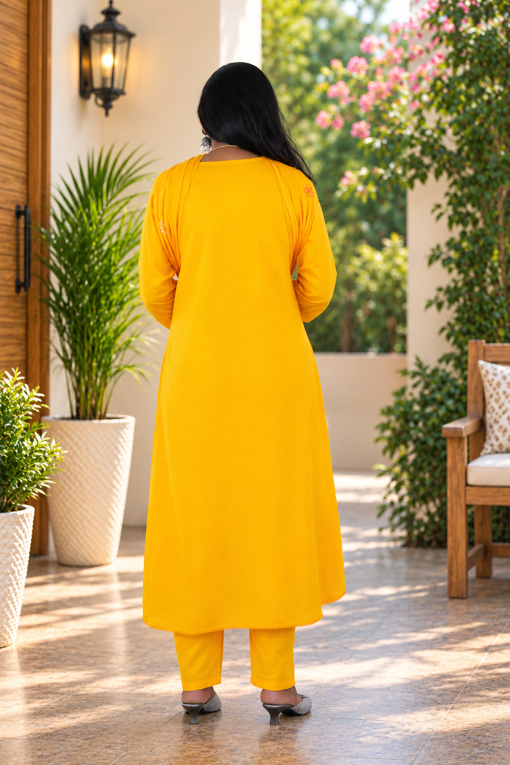 Mustard Yellow Mul Cotton Floral Embroidered 3-Piece Kurta Set with Lining