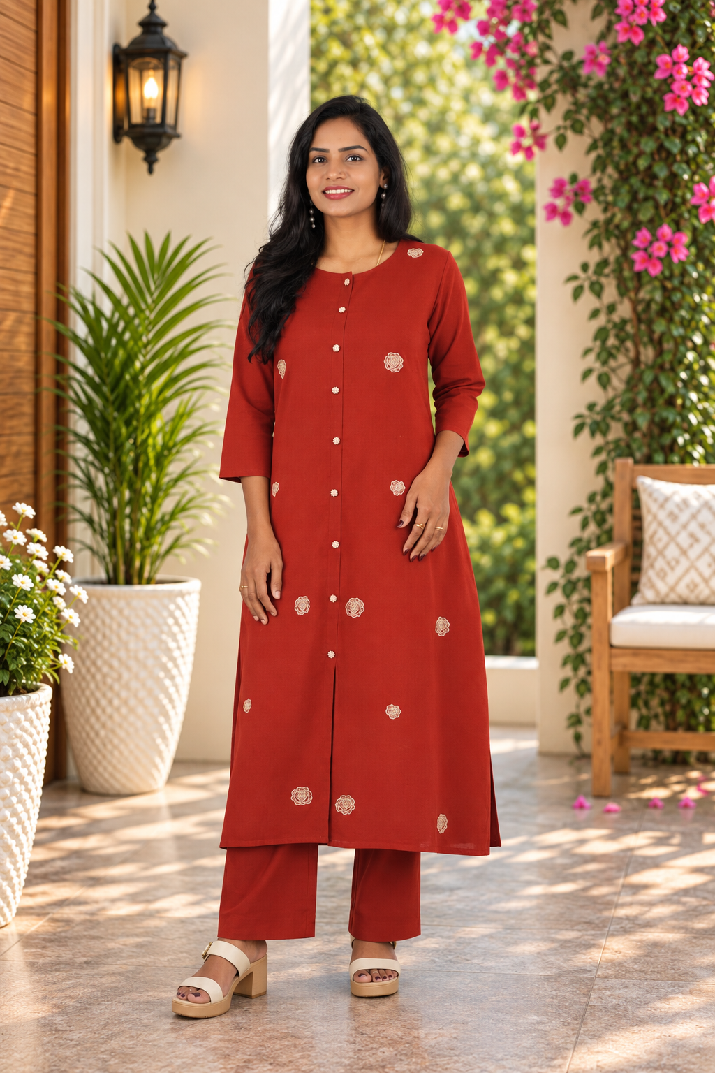 Rust Red Jaipur Cotton Embroidered Cord Set