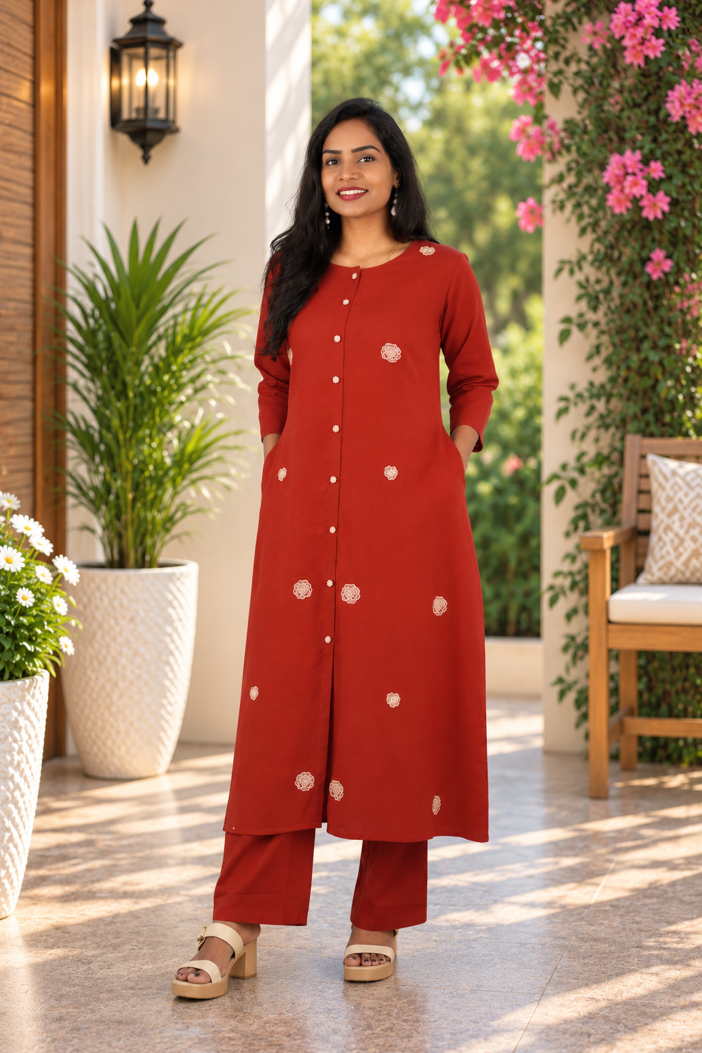 Rust Red Jaipur Cotton Embroidered Cord Set