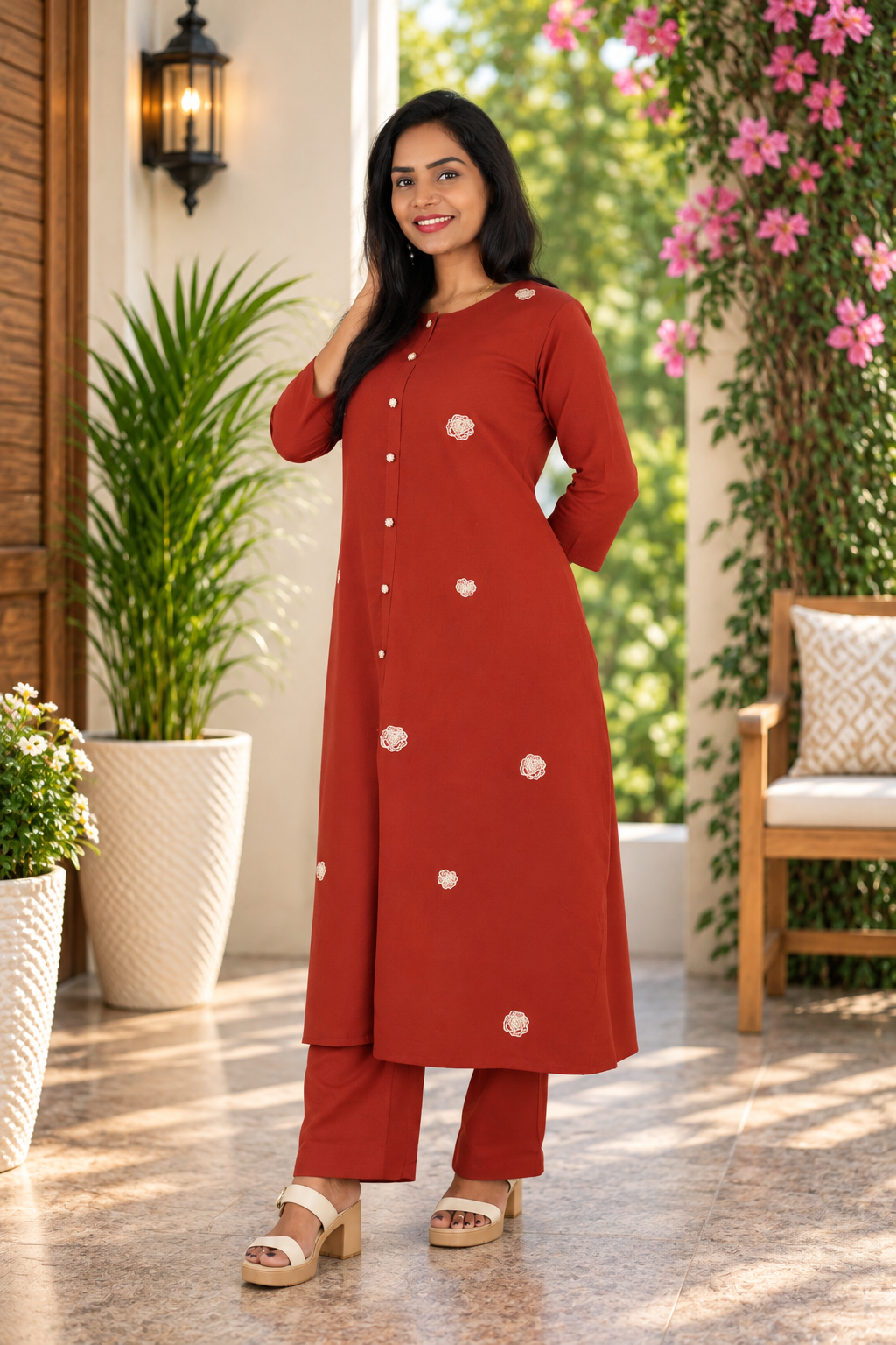 Rust Red Jaipur Cotton Embroidered Cord Set