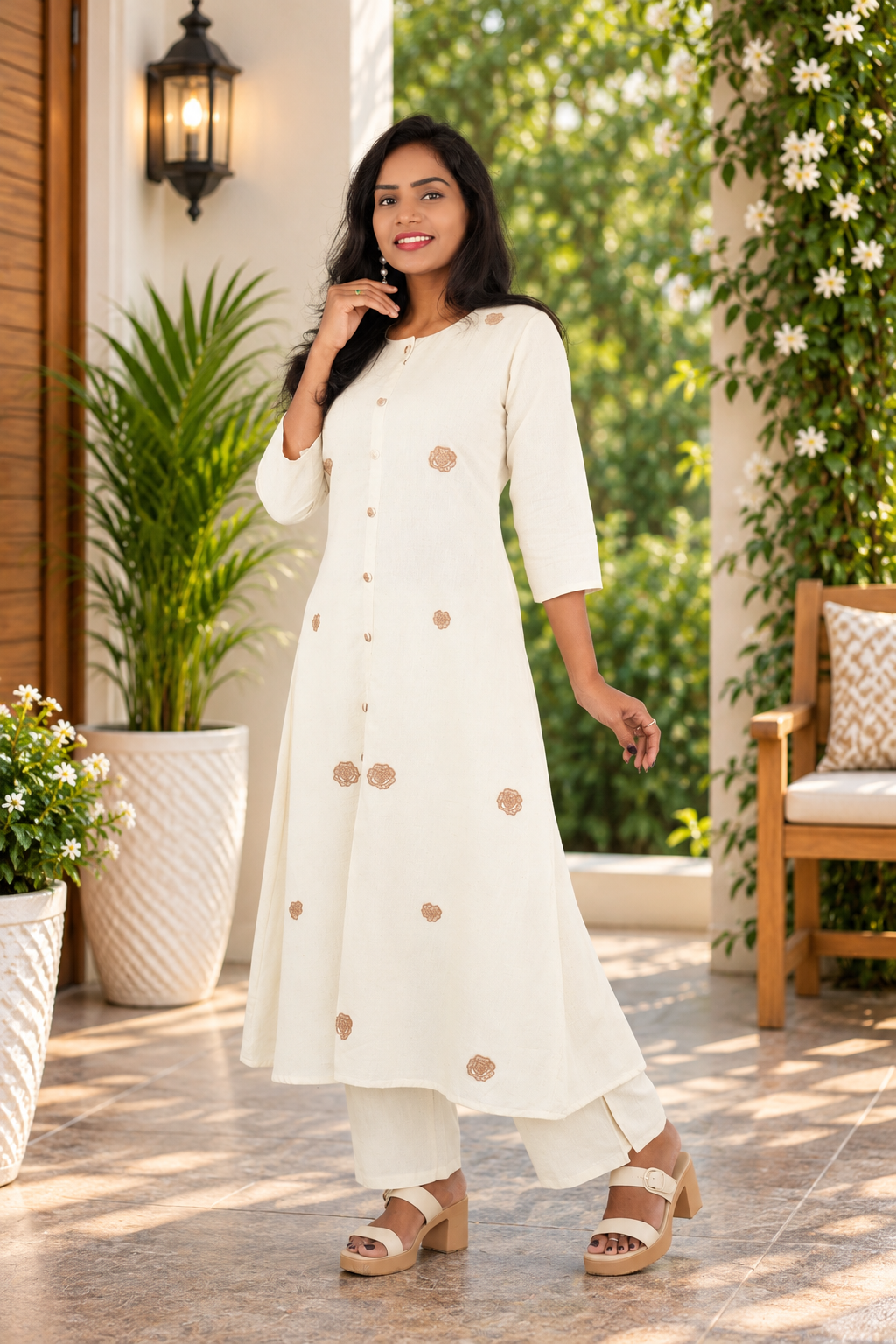 Ivory Cream Jaipur Cotton Embroidered Cord Set