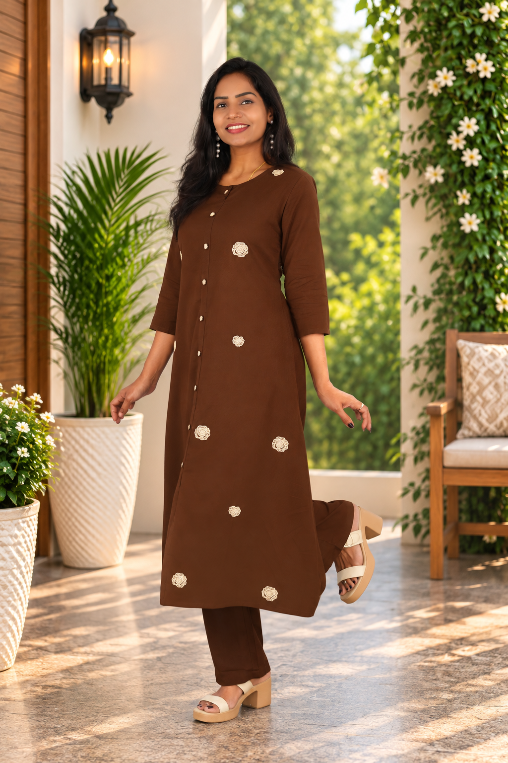 Chocolate Brown Jaipur Cotton Embroidered Cord Set